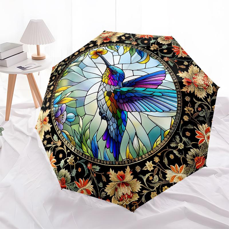 Color Retro HummingbirdThemed Automatic Opening and Closing Umbrella - 8 Ribs, Suitable for Leisure and Going Out, Outdoor Accessory, Gothic