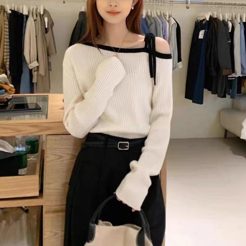 Elegant Fashion Off-shoulder Lace-up Pullover Women Sweater 2025 Autumn Loose Long Sleeve Casual Knitted Top Korean Style Clothing