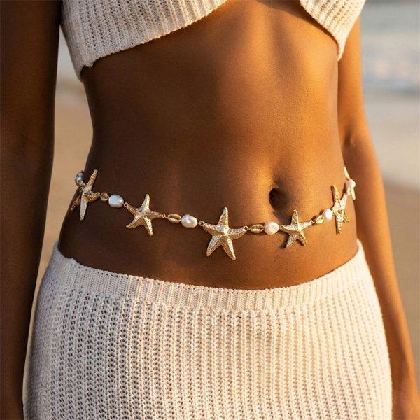 Boho Metal Starfish Shell Waist Chain for Women Summer Beach Sexy Pearl Beaded Belly Chain Bikini Party Vacation Jewelry