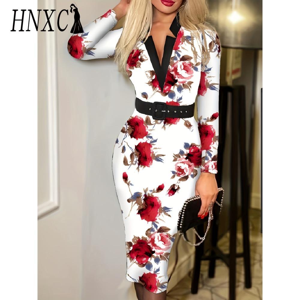 

HNXC Женская мода Весна Осень Длинный рукав V-образный вырез Завышенная талия Повседневные платья XL