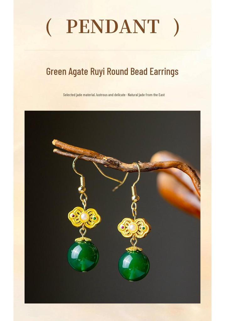 Xirui Natural Green Agate Round Bead Earrings for Women - Chinese Retro Fashion, Versatile Temperament, Ear Hook Style