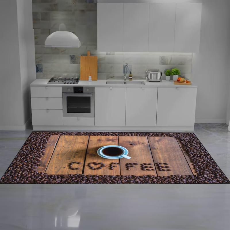 Creative Coffee Floor Mat Wood Design with Coffee Bean Border Mug Print Non-Slip Kitchen Rug for Cozy Cafe Vibe Warm Home Decor