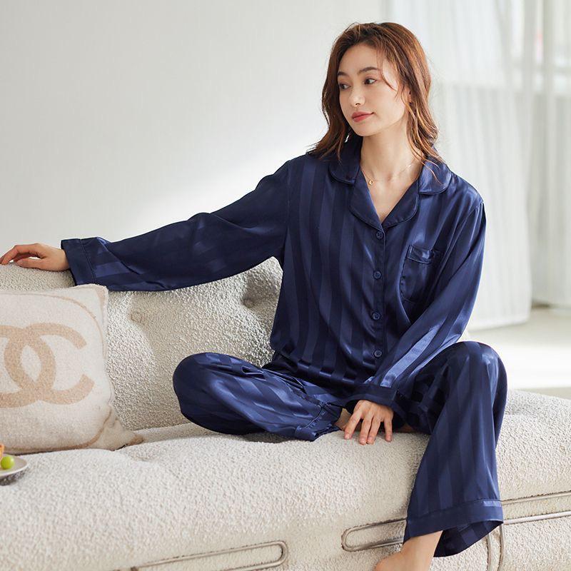 Women's Spring & Autumn Jacquard Stripe High-End Imitation Silk Pajamas Set - Outdoor Wearable