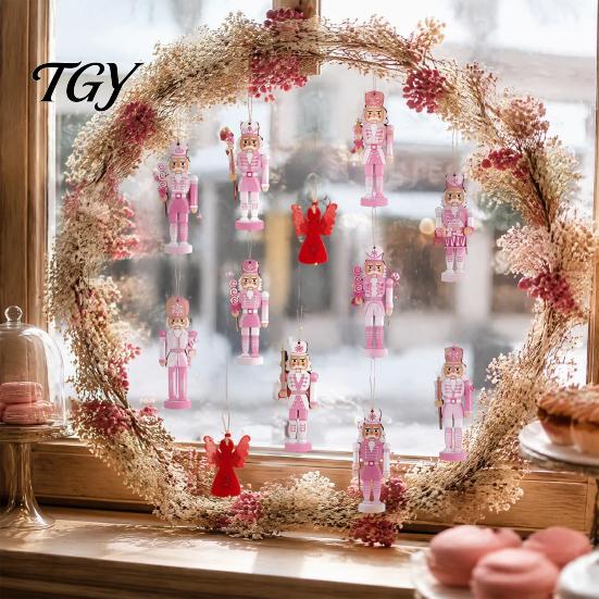 Decorative Wood Pendants for Festive Scenes Pink Wooden Nutcracker Hanging Ornaments Christmas Tree Decorations, Soldier Girl Bedroom Home Xmas Party