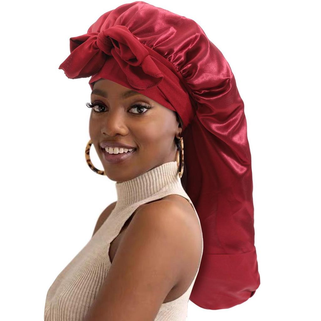 Bowknot Long Tail High Elastic Satin Sleep Cap and Bath Cap