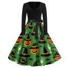 Women Casual Vintage Halloween Dress V Neck Long Sleeve Belted Waist Retro Printed Midi Dress for Autumn and Party