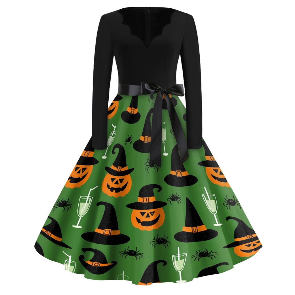 Women Casual Vintage Halloween Dress V Neck Long Sleeve Belted Waist Retro Printed Midi Dress for Autumn and Party