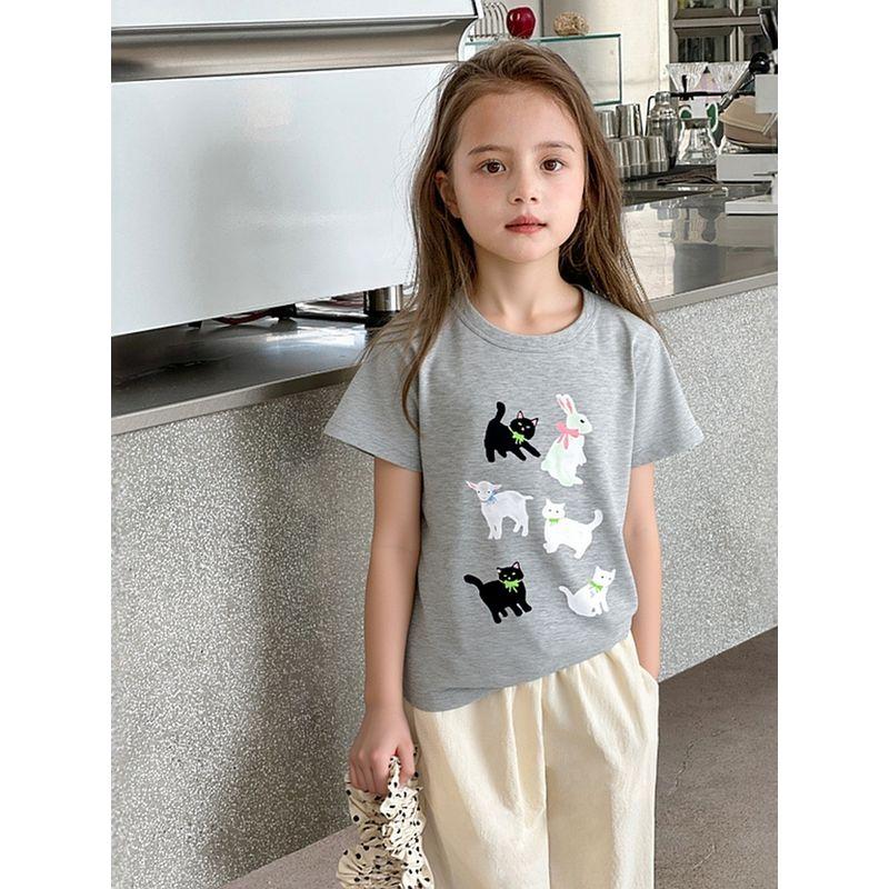 27Home Brand Kidsren's Clothing 2026 Summer New Product Kidsren's Short-Sleeved T-Shirt Cartoon Kitten Print Baby Girl Pure Cotton
