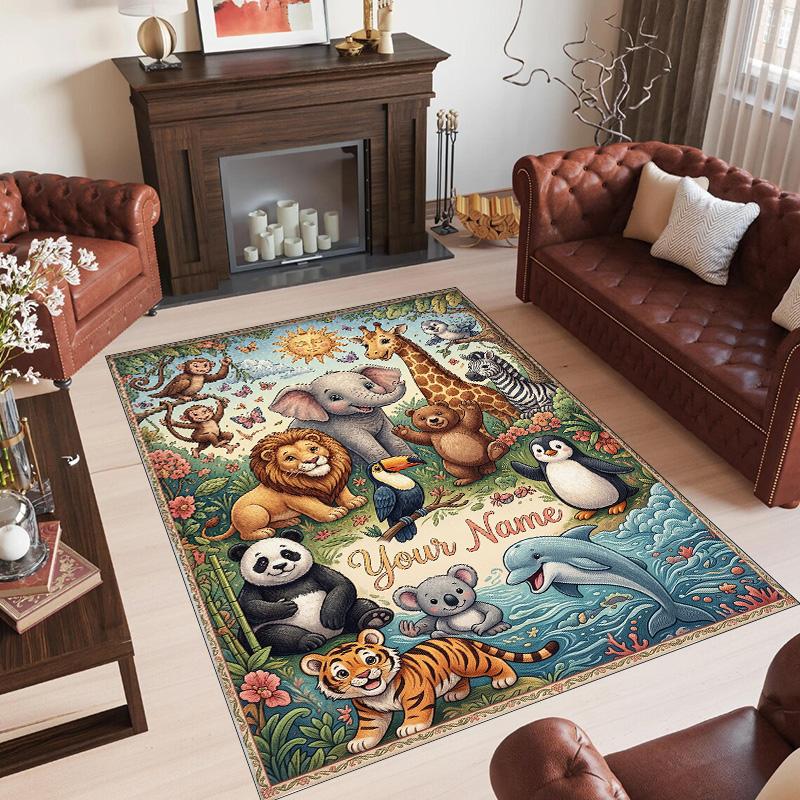 Animals Theme Crystal Velvet Floor Rug Personalized Custom Name Text Warm Carpet Home Decoration