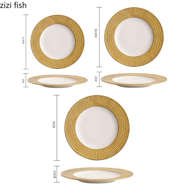 Relief Textured Ceramic Shallow Plate White Gold Steak Plate Pasta Plate Dessert Dish Snack Plates Hotel Creative Tableware