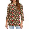 Women's Fashionable Casual Three Quarter Sleeve Christmas Printed Round Neck Top
