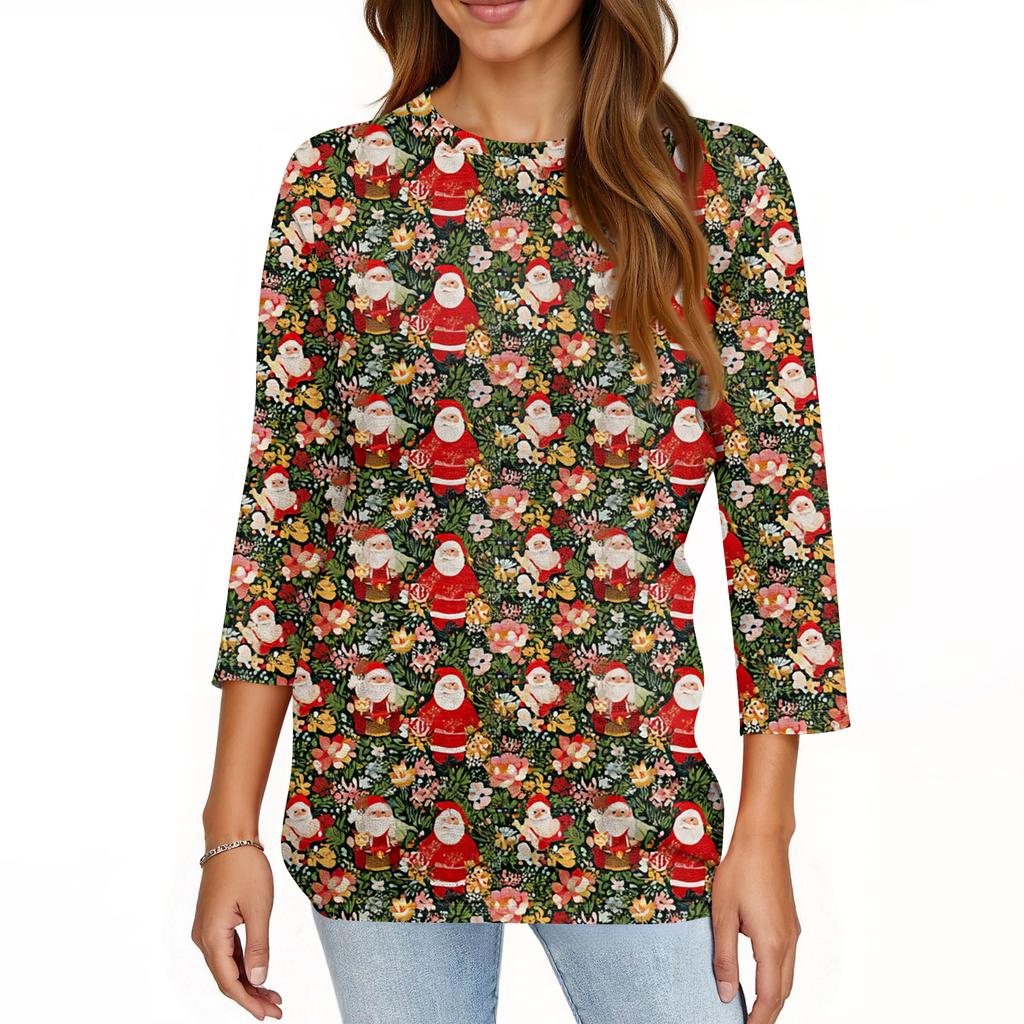 Women's Fashionable Casual Three Quarter Sleeve Christmas Printed Round Neck Top