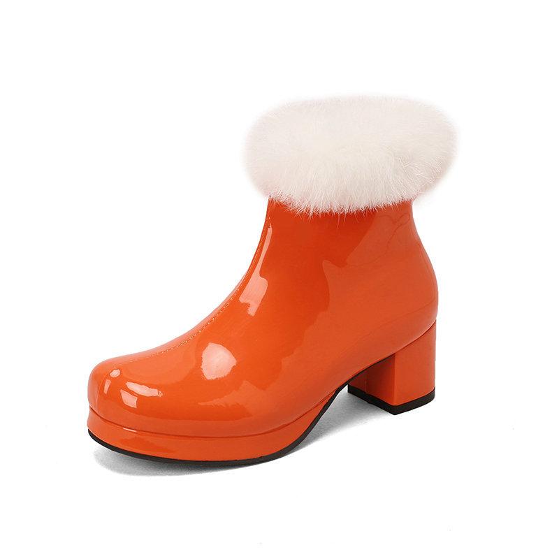 Women's Short Boots Autumn and Winter Patent Leather Thick Heels High Heels Rabbit Fur Side Zipper Warm Cotton Shoes