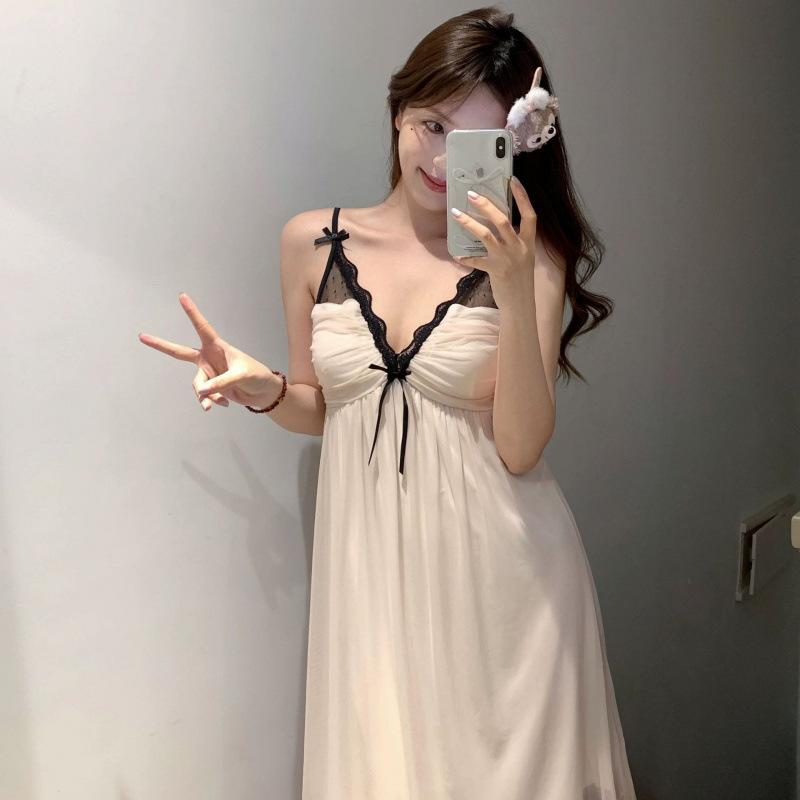 Summer new sexy suspender V-neck mesh nightdress women's sexy pure desire pajamas with chest pads loungewear