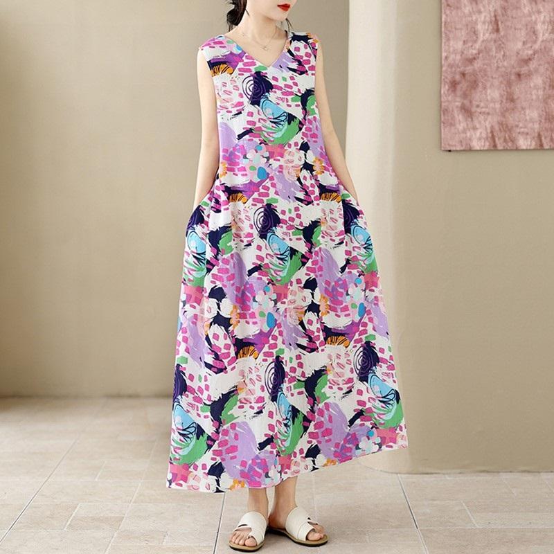 Sleeveless Plus Size Cotton Vintage Floral New In Dresses for Women Casual Loose Long Summer Dress
