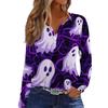 Women's Halloween Print V-Neck Long Sleeve T-Shirt with Button for Casual Holiday Wear