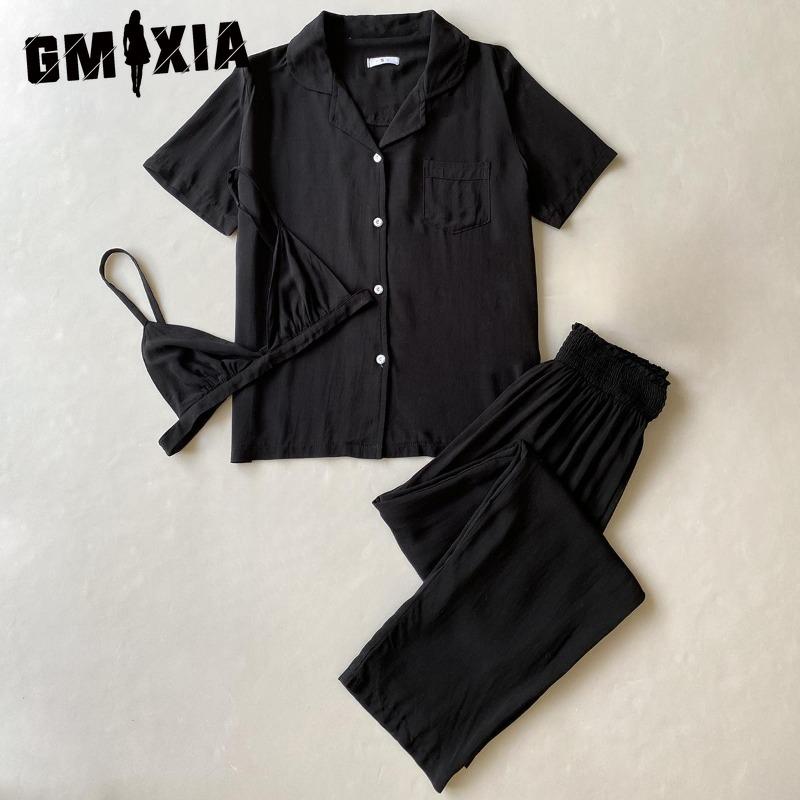 

GMXIA Pajamas Women s Summer Thin Solid-coloured Underwear Short-sleeved Trousers Three-piece Set of Homewear S чёрный