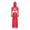 Women Sheer Maxi Dress High Slit Design Hooded Face Cover Long Sleeves Hollow Out Mesh Coverup Gown