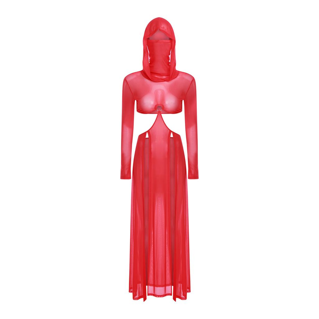 Women Sheer Maxi Dress High Slit Design Hooded Face Cover Long Sleeves Hollow Out Mesh Coverup Gown