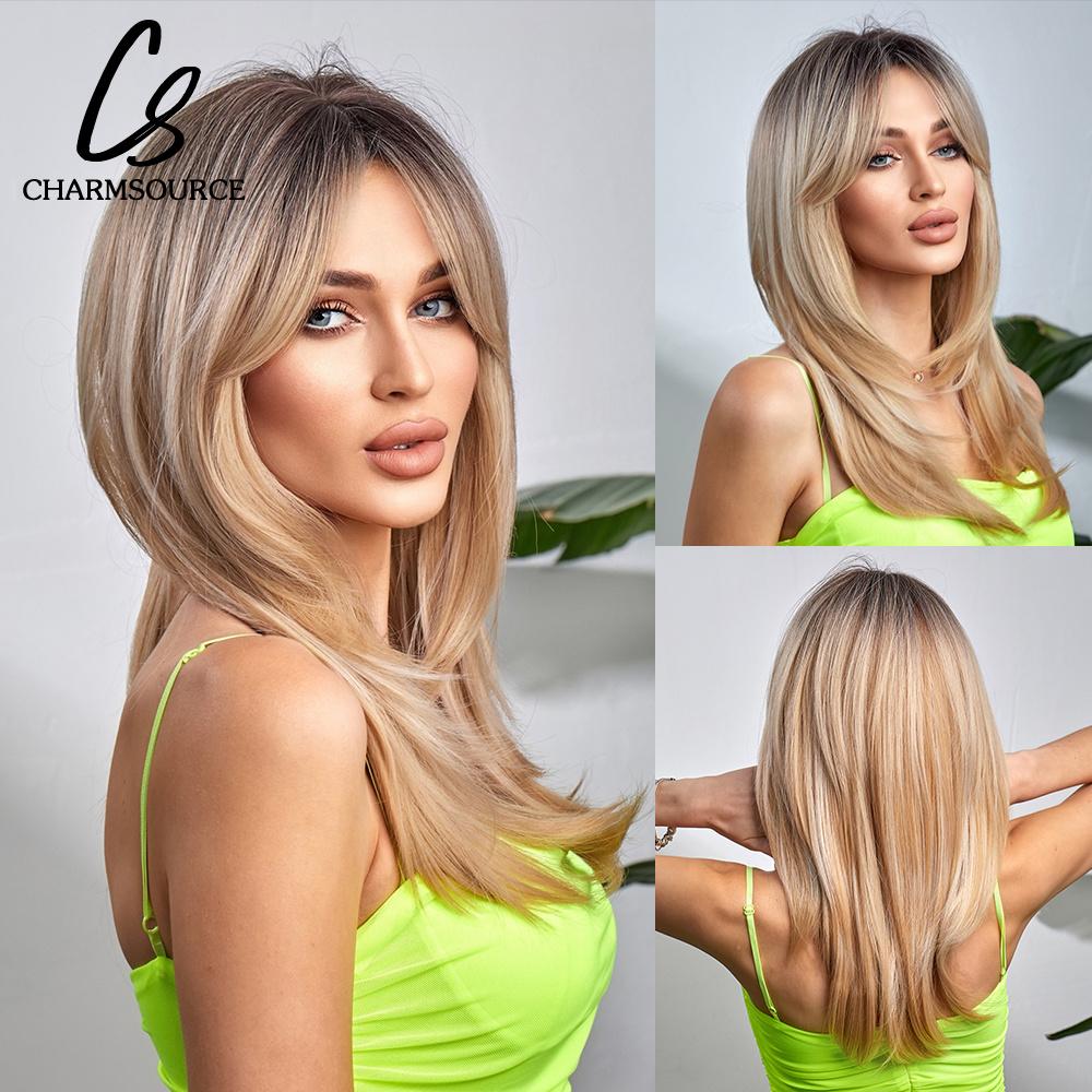 Natural Wavy Blonde Synthetic Wigs Medium Length Layered Hair with Side Bangs for Women Daily Party Cosplay Heat Resistant Fiber