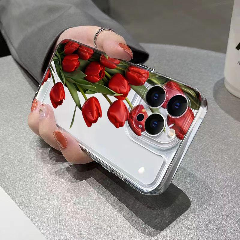 Aesthetic Red Tulip Bouquet Clear Phone Case for iPhone 17 16 Pro Max 15 Pro 14 13 12 11 16E X XR XS 7 8 Plus Protective Cover
