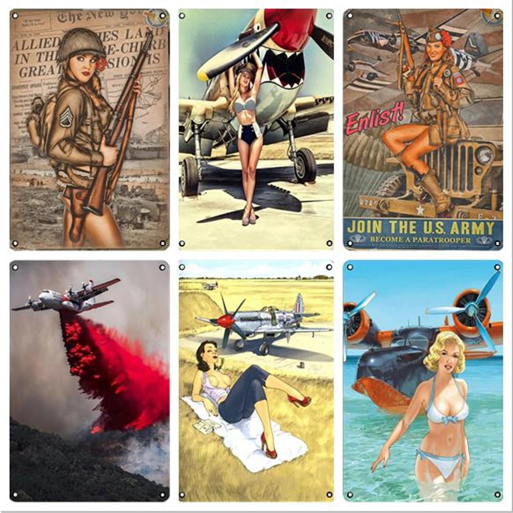 Vintage Classic Movie Tin Sign Retro Metal Plate Sexy Beauty Painting Wall Decor Airplane Plaque Pin Up Poster Room Decoration