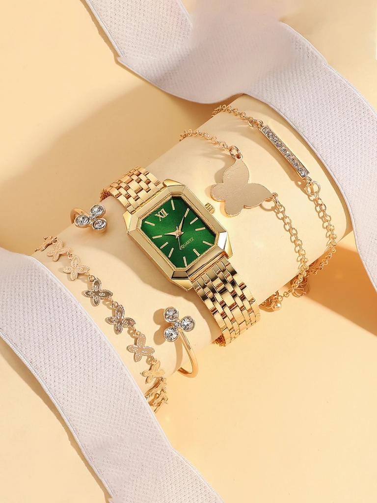 Fashion Light Luxury Alloy Material Women's Quartz Watch Bracelet Set of 5, Suitable for Thanksgiving Christmas Gifts