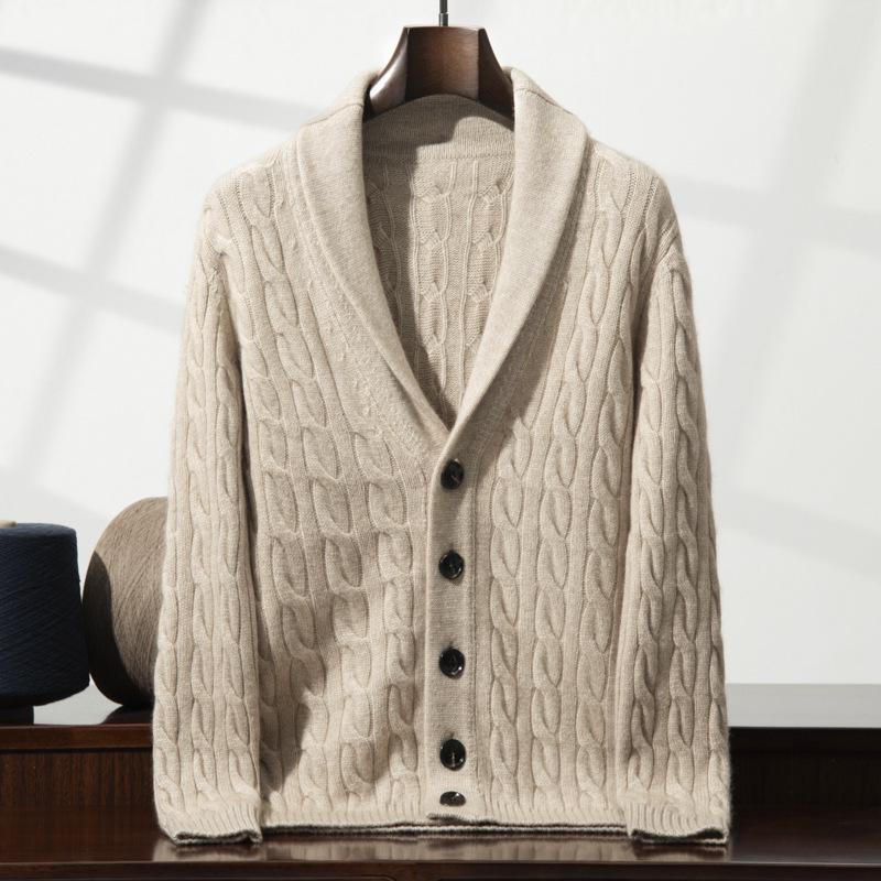 Men's Soft Cashmere Cardigan: Skin-Friendly, Thick Cable Knit, Shawl Collar Sweater.