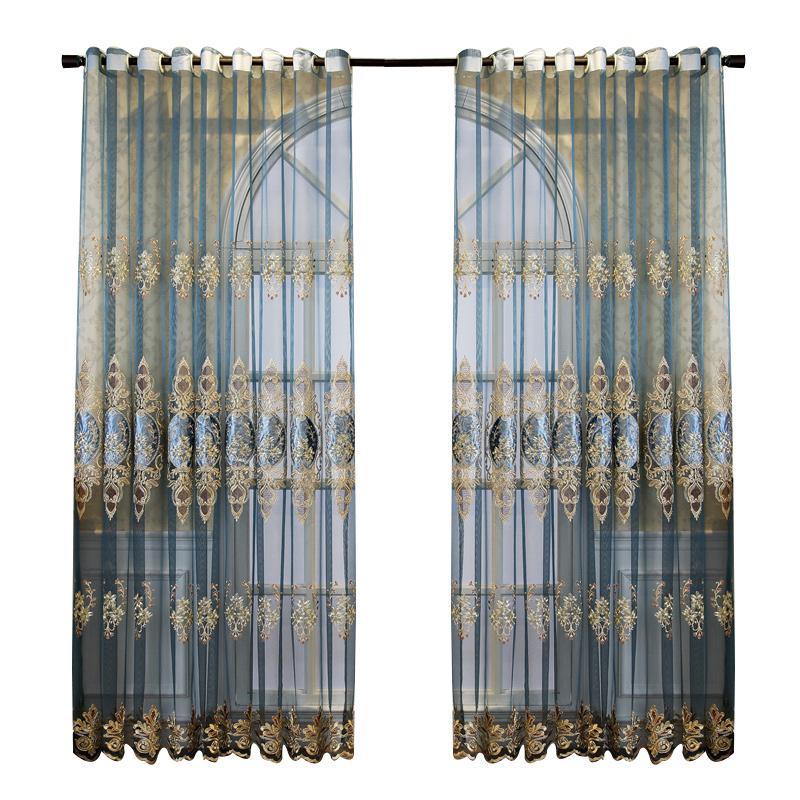 Blue Jacquard Window Sheer Curtain, Window Treatment for Living Room Bedroom Balcony Home Decor