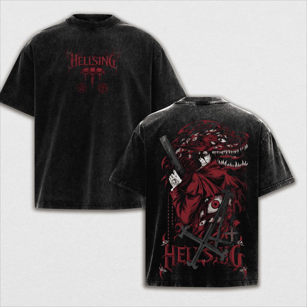 Japanese Anime Hellsing Tshirt Alucard Vintage Y2k Washed T-shirt For Men's Clothing High Quality Oversized Cotton Tees Tops