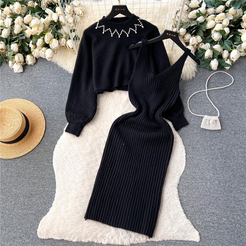 Xiaoxiang Style Beaded High-Waist Two-Piece Sweater and Suspender Dress Set for Autumn/Winter 2024