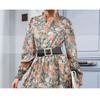 VEZFAA Moda feminina primavera outono flor padrão estampado manga comprida decote em v cintura alta vestidos casuais