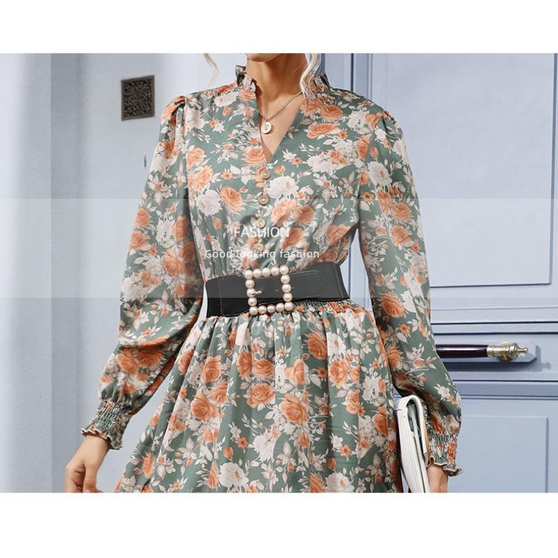 VEZFAA Moda feminina primavera outono flor padrão estampado manga comprida decote em v cintura alta vestidos casuais