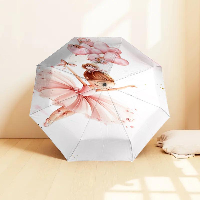 Pink Flower Balloon Ballet Girl Automatic Opening/Closing Umbrella - Portable Three-Fold Design with Iron Frame for Outdoor Use, Perfect Gif