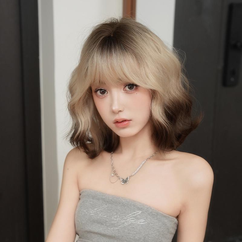 Women's Short Curly Summer Wig with White Coffee Gradient and Full Coverage