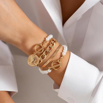 European & American Pearl Beaded Snake Chain & Irregular Metal Bracelet Set