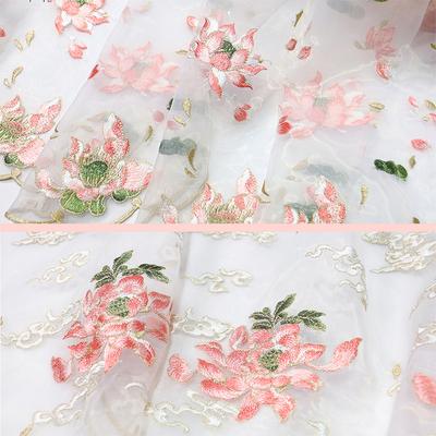 Chinese Style Soft Embroidery Lotus Flower Lace Fabric Organza Tulle Fabric For Diy Hanfu Dress Shirts Doll Cloth Sewing Craft