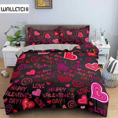 Parure de lit à motif de cœur, ensemble de housse de couette de luxe avec taie d'oreiller en microfibre 2/3 pièces, housse de couette Queen King Size pour couple amoureux