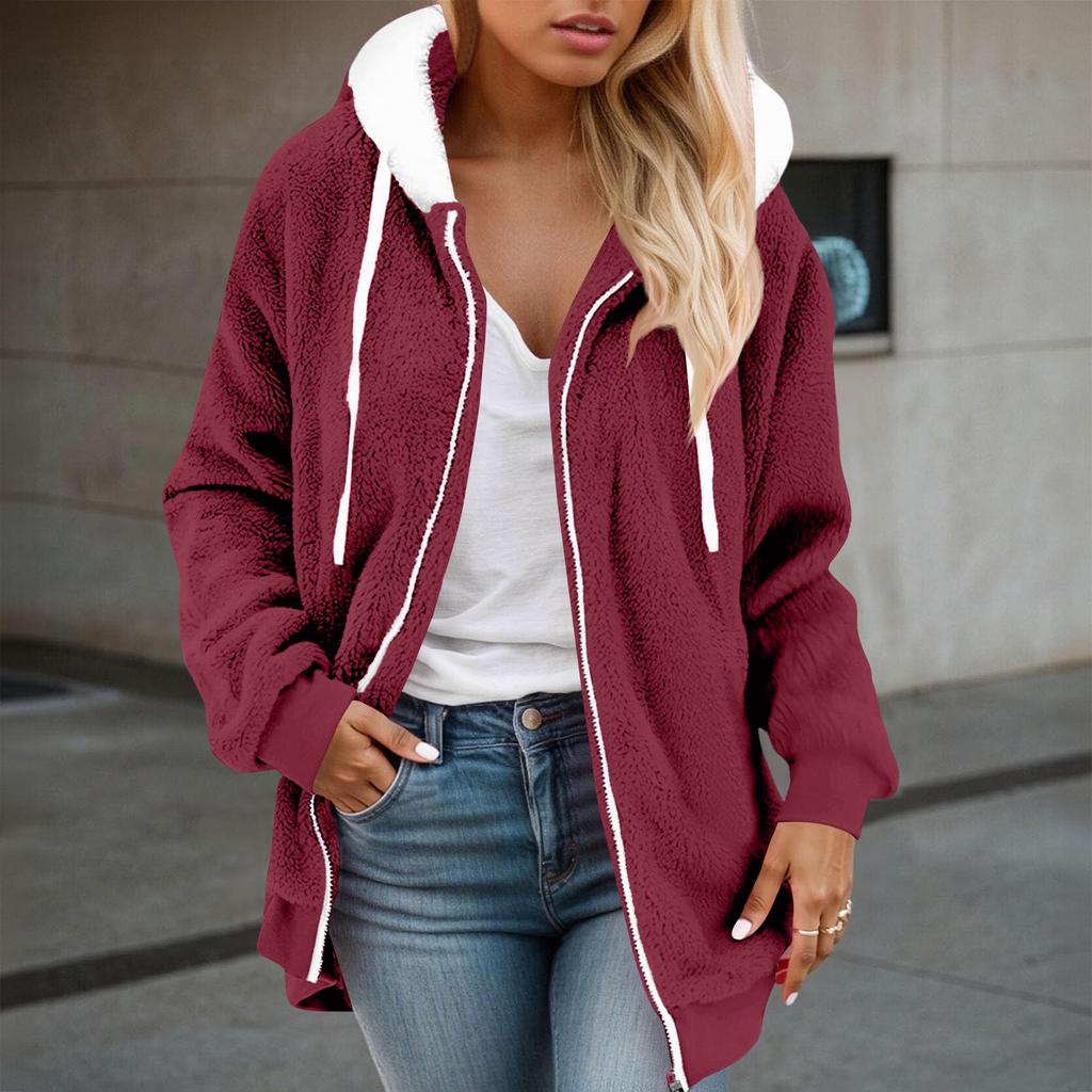 Women's Fuzzy Fleece Jacket Hooded Color Block Patchwork Lady Cardigan Coat Outerwear With Pockets And Ears