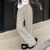 Petite Fleece-Lined Black & White Striped High-Waist Wide-Leg Pants for Women - Autumn/Winter