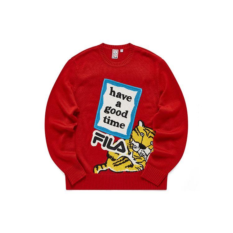 Fila Year Of The Tiger Limited Edition Logo Letter Jacquard Sports Crewneck Sweater Men Sweater Legendary-Red F11U219403F-RD