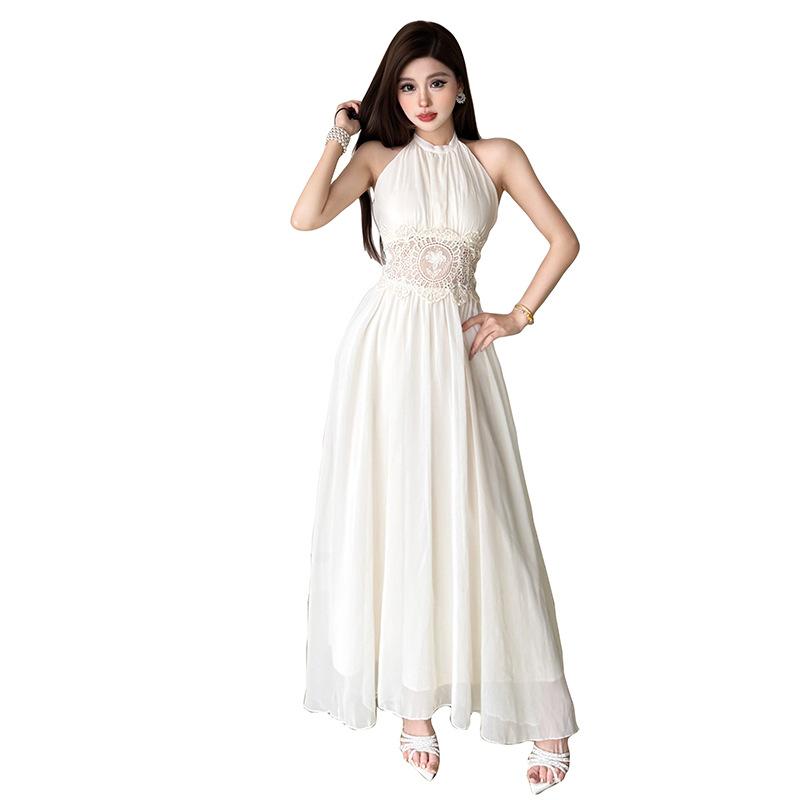 2026 European and American summer new elegant temperament splicing lace neck backless gauze slim dress women