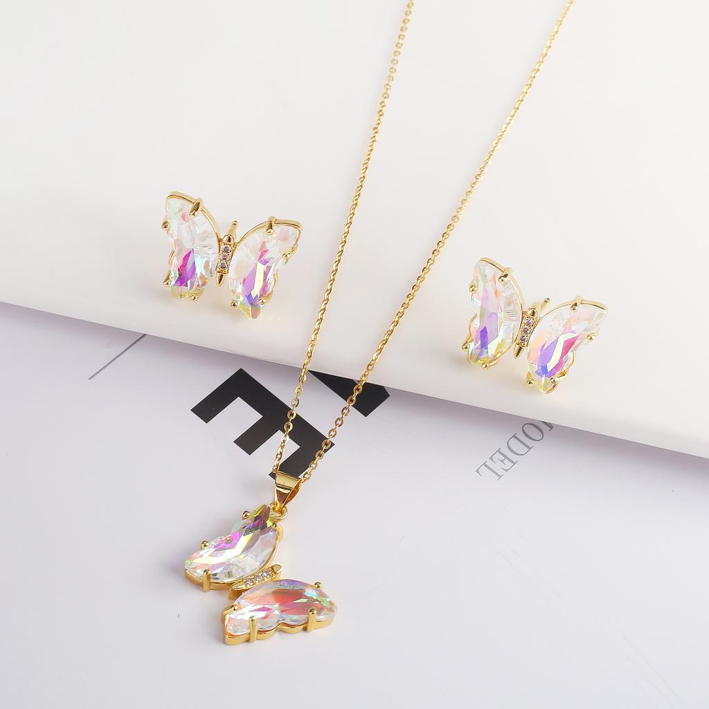 2PC Crystal Transparent Butterfly Pendant Necklace Earrings Jewelry Set Women's Luxury Gold Plated High Quality Gift