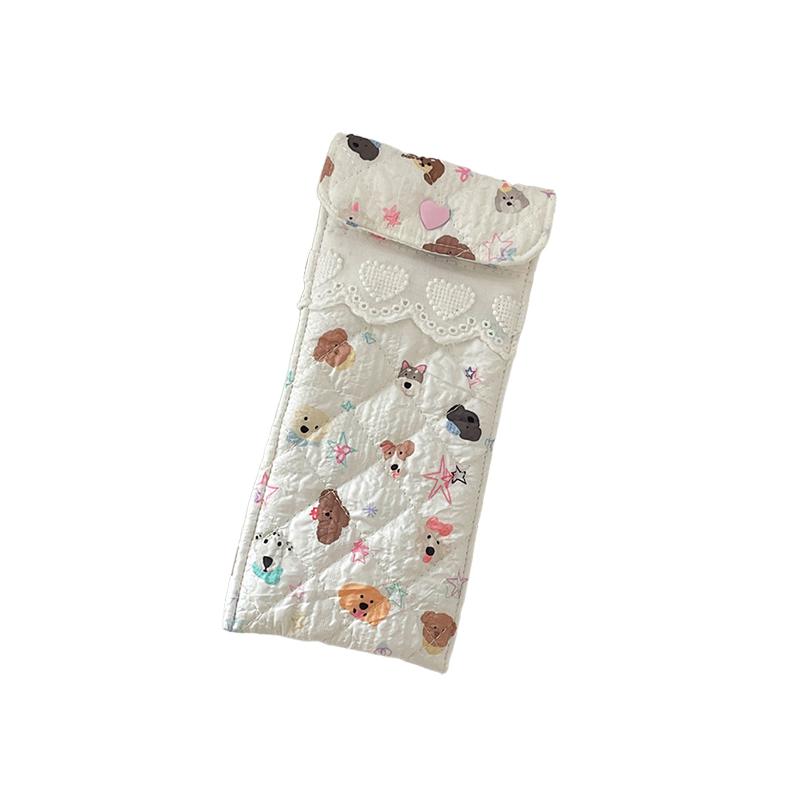Kawaii Quilted Glasses Bag Cute Cartoon Eyeglasses Pouch Soft Cotton Sunglasses Case With Heart Button Lace For Women Girls