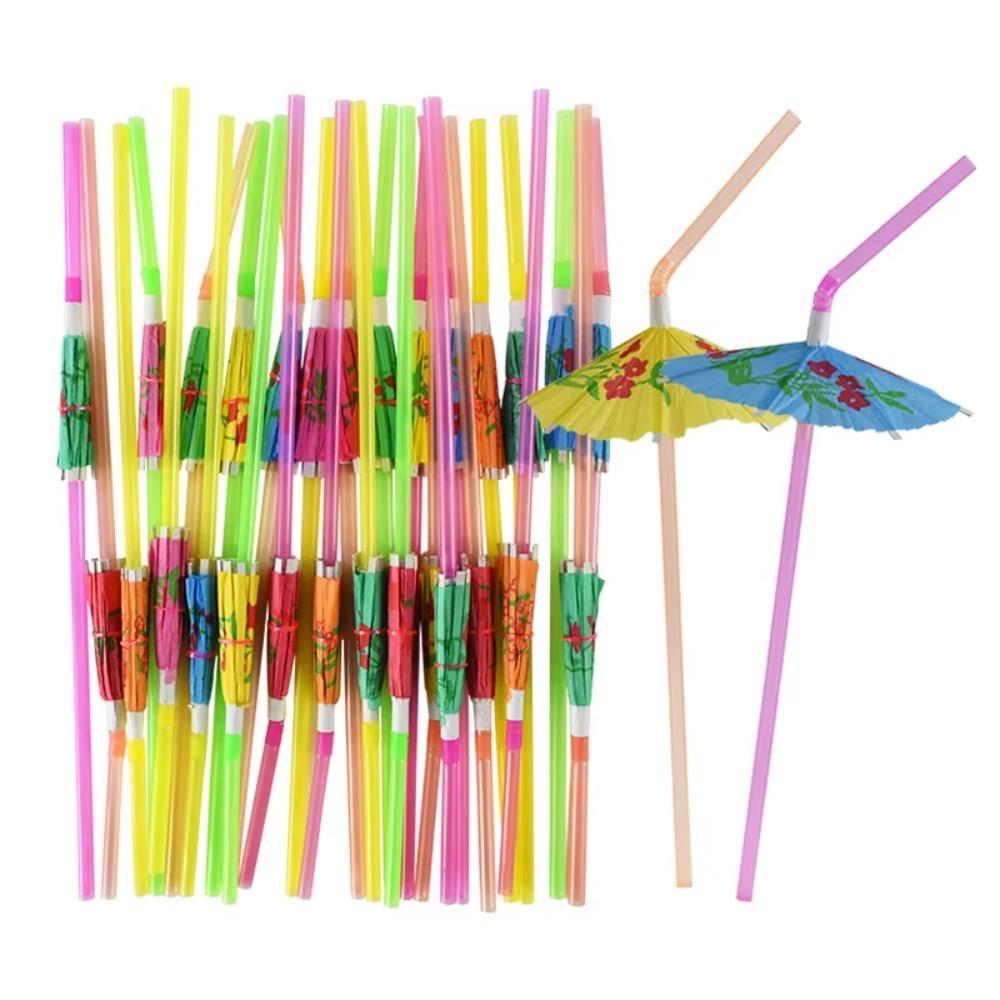 100pcs Mixed Color Hawaiian Party Drink Straws Plastic Parasol Drinking Straws  Beach