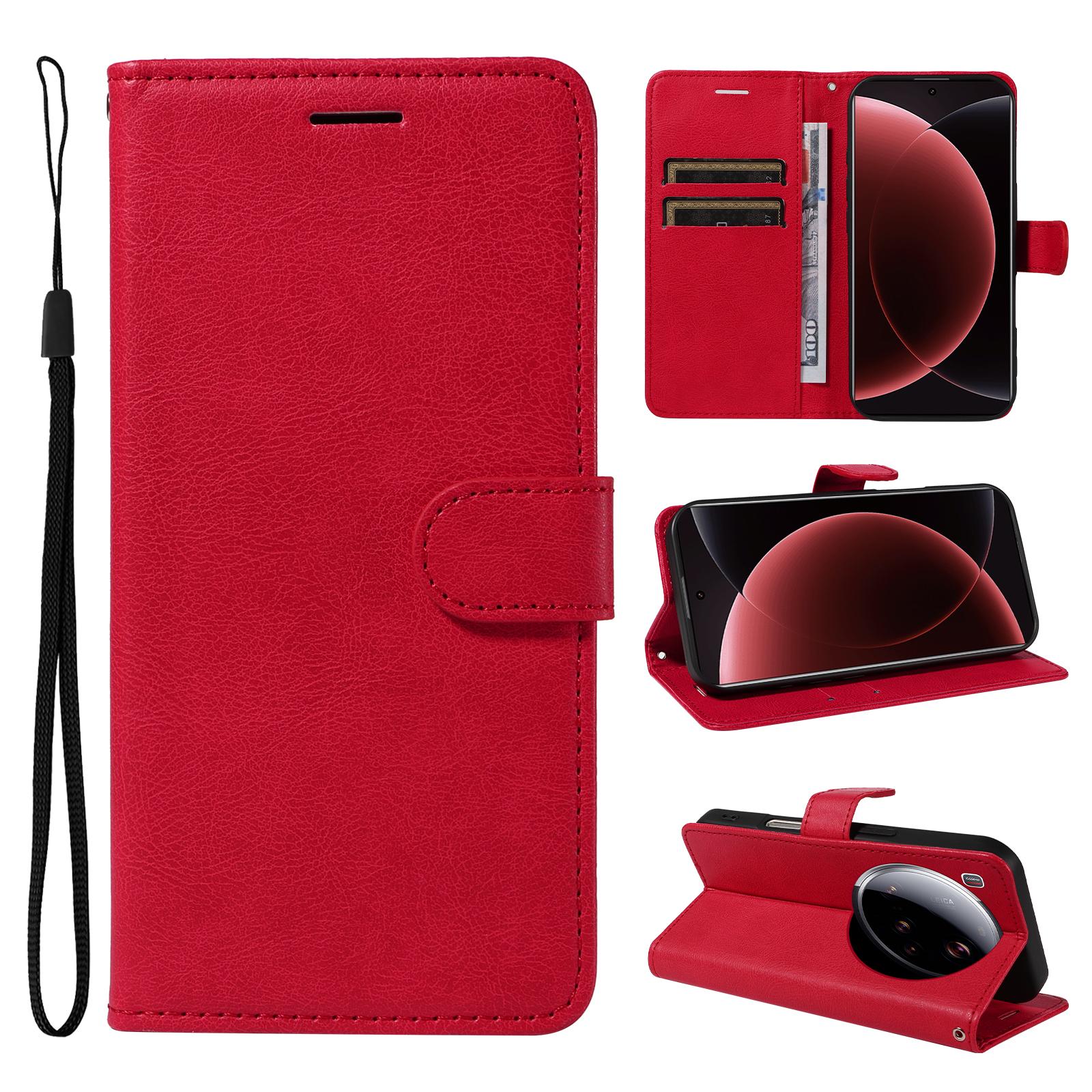 

Для Xiaomi 15 Ultra Шкіряний чохол-гаманець з ремінцем Одноколірний чохол-підставка для телефону Red