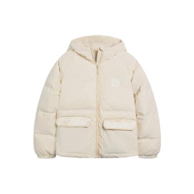 Li Ning Sports Lifestyle Series Solid Color Logo Zip Hooded Fitted Duck Down Short Down Jacket Women Jacket White AYMS072-1