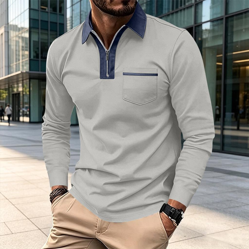 Men's Long Sleeve Shirt Slim Fit Color Block with Pocket