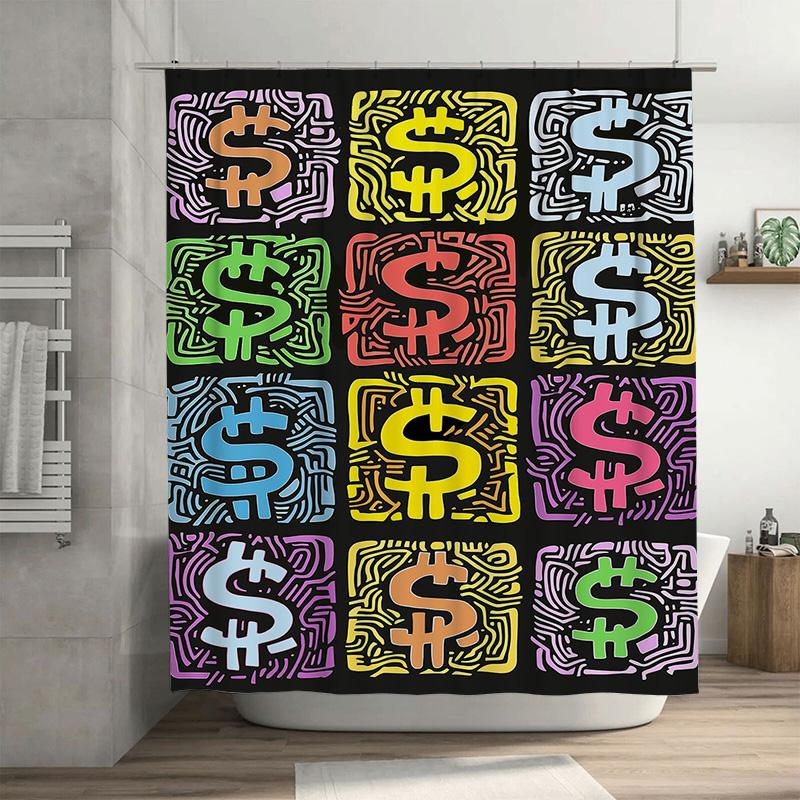 

Colorful Shower Curtain With Tiled Design Black Background Pink Purple Green Yellow Blue Red White Orange Lines And Symbols Home W60H190(CM)-1 Pcs
