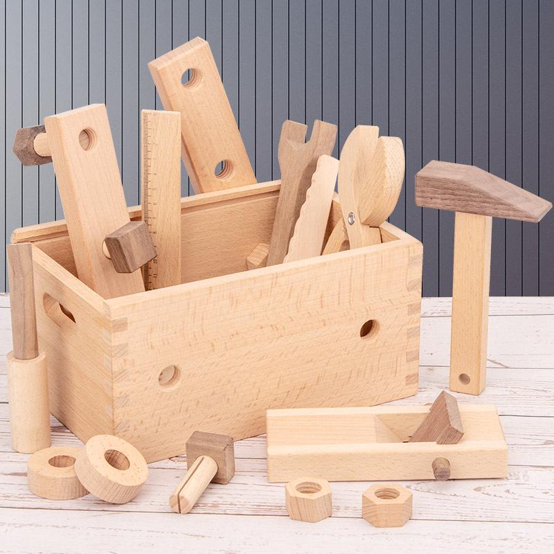 Children's Wooden Tool Box: Educational Workbench Toy for Boys with Simulation Repair, Screw, Nut Disassembly & Assembly Activity.